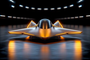 Poster - A 3D rendering of a futuristic airplane concept, displayed with intricate lighting and reflections on a showroom floor