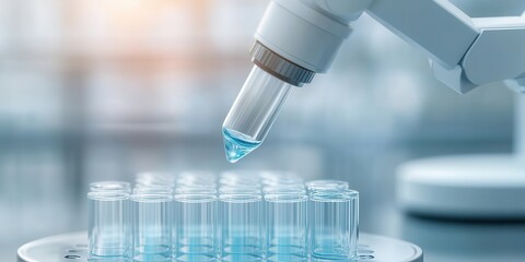 Poster - A laboratory scene featuring a pipette dispensing a blue liquid into test tubes on a white surface, illustrating scientific research and experimentation.