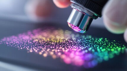 Poster - A close-up of a microscope lens illuminating a colorful pattern of tiny dots, showcasing vibrant colors and intricate details.