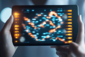 Aufkleber - A person holds a tablet displaying a vibrant digital representation of data, featuring colorful patterns against a grid background.