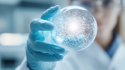 Poster - A scientist in a lab holds a glowing orb, illustrating the concept of scientific discovery and innovation.