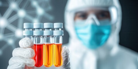 Poster - A healthcare professional in protective gear holds test tubes filled with colored liquids, symbolizing laboratory analysis and research.