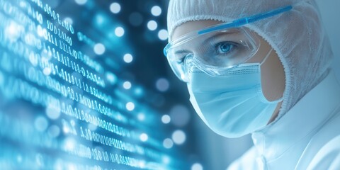 Aufkleber - A focused individual in protective gear analyzes digital data, highlighting a blend of technology and health.