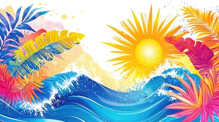 Poster - Bright summer vector with sun, waves, and tropical leaves 