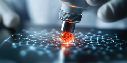 Poster - A close-up of a hand using a scientific instrument to manipulate a glowing red sphere on a patterned surface, suggesting advanced technology and research.
