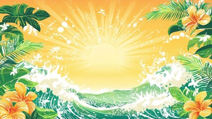 Poster - Bright summer vector with sun, waves, and tropical leaves 