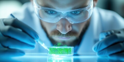 Poster - A focused scientist examines a glowing petri dish using a pipette, showcasing modern laboratory techniques and research in biochemistry.