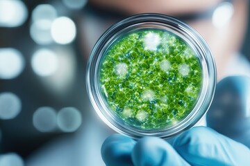 Fototapete - A scientist examines a petri dish containing green microorganisms, showcasing a vibrant, microscopic ecosystem.