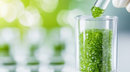 Poster - A close-up of a hand adding green substances into a glass container, symbolizing scientific research or experimentation with vibrant colors and a blurred background.