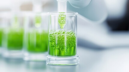 Poster - A scientist transfers vibrant green liquid into a glass vial, showcasing a laboratory experiment focused on biochemical research or environmental studies.