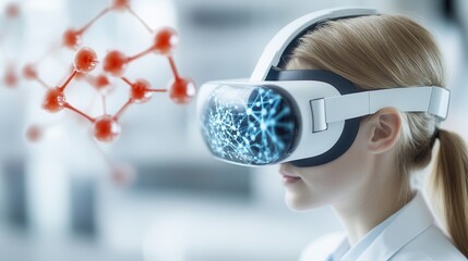 Poster - A person wearing a VR headset explores a digital environment, with molecular structures visually represented nearby, highlighting the fusion of technology and science.