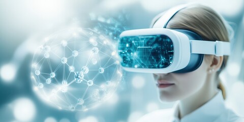 Aufkleber - A woman wears a virtual reality headset, immersed in a digital environment with glowing connections and data elements around her.