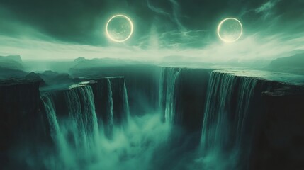 Canvas Print - A surreal landscape featuring twin suns and cascading waterfalls shrouded in mist.