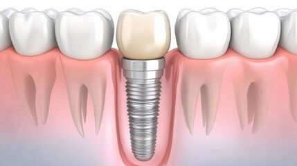 Aufkleber - Detailed view of a dental implant with a porcelain crown placed between healthy teeth illustrating dental restoration. Generative AI