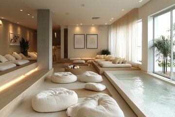 Wall Mural - A serene spa interior with plush seating and a tranquil water feature for relaxation.