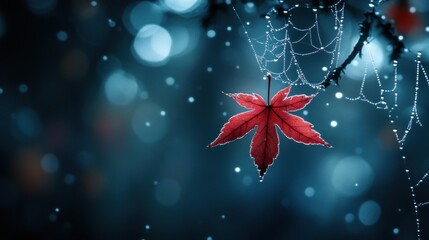 Wall Mural - A red maple leaf hangs delicately on a spider web, surrounded by a dreamy, blurred background.