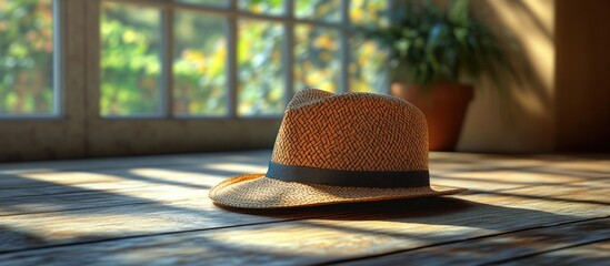 Wall Mural - A straw hat rests on a wooden surface, illuminated by soft sunlight through a window.