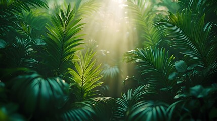 Aufkleber - Lush Green Tropical Foliage with Sunlight Streaming Through Dense Canopy, Creating a Serene and Tranquil Atmosphere in an Untouched Natural Environment
