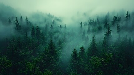 Poster - Breathtaking Misty Forest Scene with Lush Green Pine Trees and Dense Fog Creating a Tranquil and Serene Atmosphere Perfect for Nature Lovers and Photography Enthusiasts