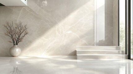 Wall Mural - A modern interior featuring marble walls, polished floors, and minimalistic decor.