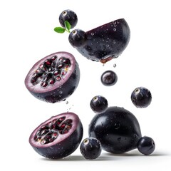 Fresh ripe blackberries floating with water droplets isolated on white background.