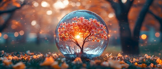Aufkleber - Enchanted Autumn Tree Inside Glass Sphere with Glowing Light Among Fallen Leaves in Vibrant Landscape During Sunset