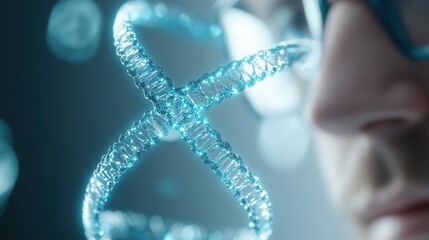 Poster - A close-up of a person's face with glasses, observing a swirling, luminous DNA strand, symbolizing genetics and scientific discovery.