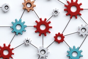 Poster - A clean, abstract visualization of interconnected gears and cogs symbolizing automation, drawn in simple lines