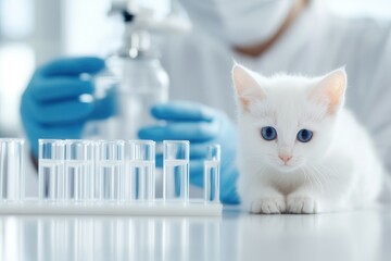 Poster - A curious white kitten lies on a lab table, observing a person in gloves handling scientific equipment and test tubes in a clean, modern laboratory setting.