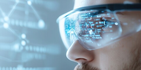 Poster - A close-up of a person wearing smart glasses, displaying digital data and graphics, emphasizing technology and innovation in vision enhancement.
