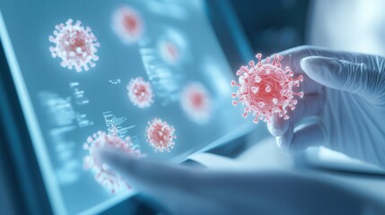 Poster - A person analyzes digital representations of viruses on a touchscreen, highlighting the intersection of technology and healthcare.