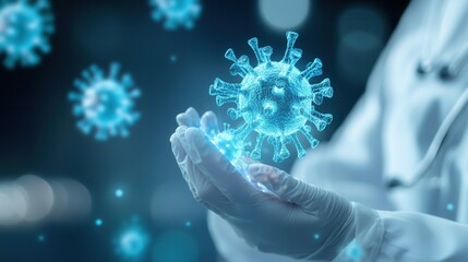 Poster - A scientist holds a glowing virus model in a hand, symbolizing research and innovation in virology and disease management.