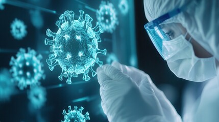 Poster - A researcher analyzes digital representations of viruses in a laboratory setting, highlighting advancements in virology and disease study.