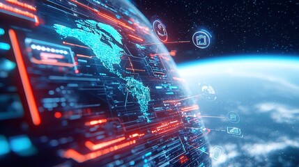 Poster - Connected tech devices and icons orbiting a digital representation of Earth, showcasing innovation in a vast, open space, symbolizing global connectivity and advancement.