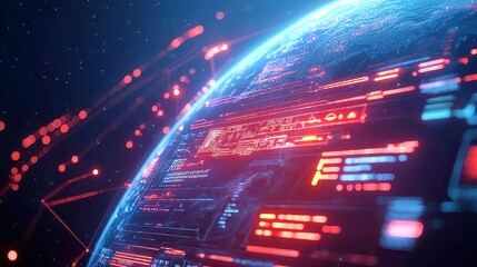 Poster - Digital Connectivity, a vibrant scene depicting various tech devices and icons interconnected with a vivid representation of planet Earth, symbolizing global digital interaction.