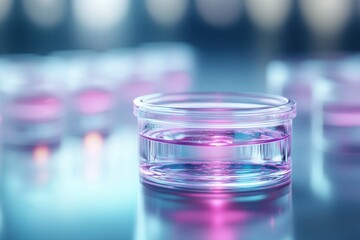 Poster - A clear petri dish filled with a pink liquid, surrounded by additional dishes, set against a softly illuminated background.