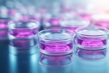 Poster - Vibrant pink liquids in petri dishes, showcasing scientific experimentation in a laboratory setting with a modern aesthetic.