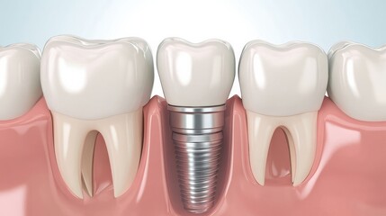 Aufkleber - Close-up view of a dental implant with a porcelain crown, positioning it seamlessly alongside natural teeth in a clinical setting. Generative AI