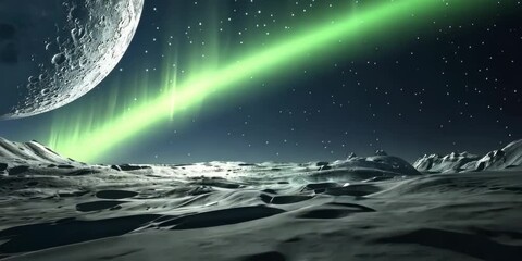 Wall Mural - aurora borealis over cratered moon surface, 4k video