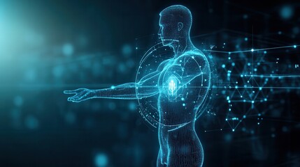 Poster - A digital representation of a human figure, showcasing glowing lines and particles, symbolizing technology, data, and the intersection of humanity and innovation.