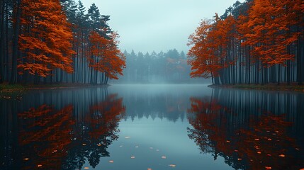 Poster - Tranquil Autumn Landscape with Orange Foliage Reflecting on Calm Lake Surrounded by Misty Forest in Soft Natural Light