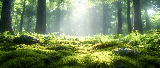 Aufkleber - Serene Sunlight Streaming Through Lush Green Forest Canopy with Vibrant Ferns and Soft Moss on a Tranquil Forest Floor