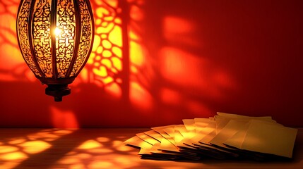 Poster - A decorative lantern casts warm light over a stack of yellow papers on a wooden surface.
