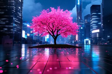 Poster - A cyberpunk autumn scene with neon-lit trees shedding glowing digital leaves, set against a futuristic cityscape