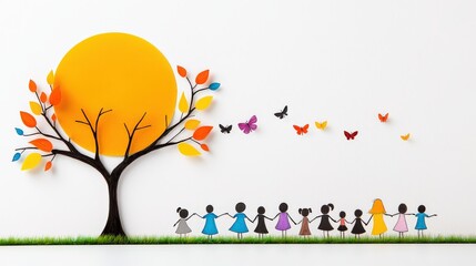 Poster - A child's drawing of a family tree, with stick figures and vibrant colors representing parents, children, and pets.