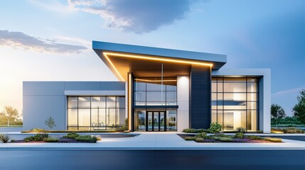 Poster - A contemporary office building exterior with a doctor office entrance, featuring sleek architecture and a welcoming entrance.
