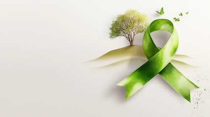 Poster - A hand-painted watercolor green ribbon with delicate brushstrokes, set against a light background, symbolizing awareness and hope.
