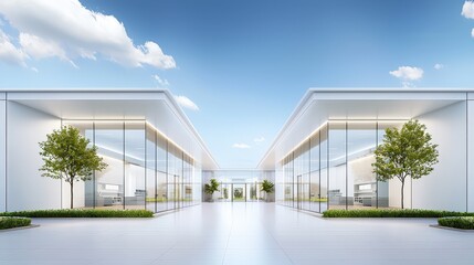 Poster - The exterior of a corporate office building with a minimalist design, surrounded by greenery and clear skies.