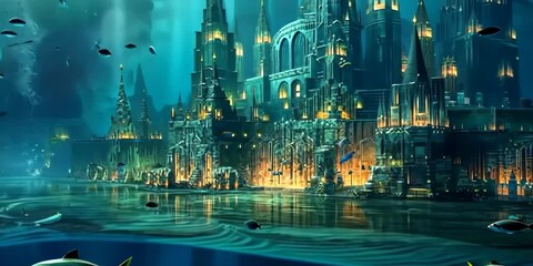 Poster - Subaquatic city featuring majestic towers and floating marine creatures, 4K Video