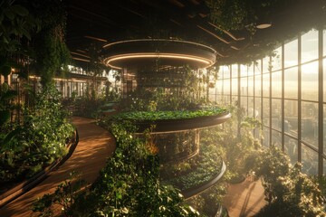 Aufkleber - A modern indoor garden with lush greenery, ambient lighting, and large windows showcasing a scenic view outside, creating a serene atmosphere.